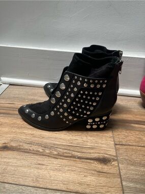 Cecilia Silver Studded Black Ankle Boots with Block Heel